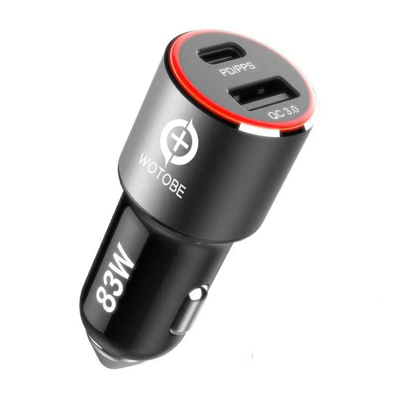 83W dual-port fast car charger with USB-C and QC-A ports on a dark background.