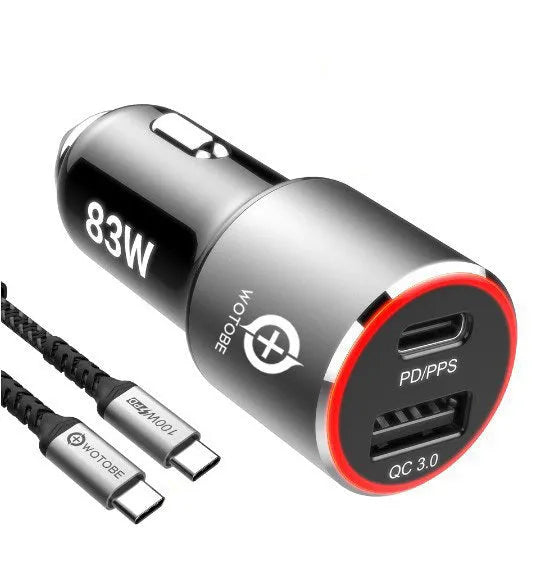 83W dual-port fast car charger with USB-C and QC-A ports on a dark background.
