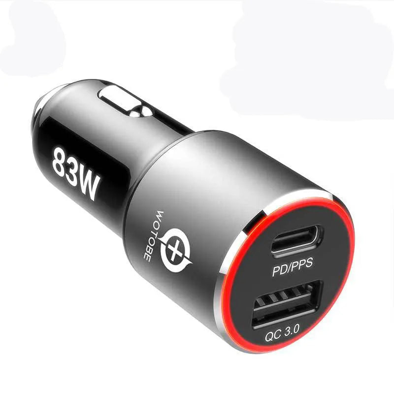 83W dual-port fast car charger with USB-C and QC-A ports on a dark background.