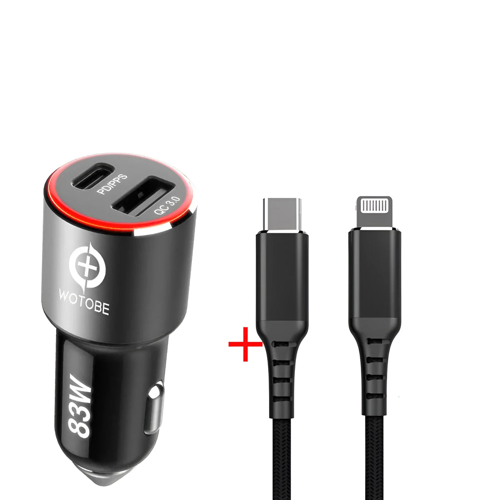 83W dual-port fast car charger with USB-C and QC-A ports on a dark background.