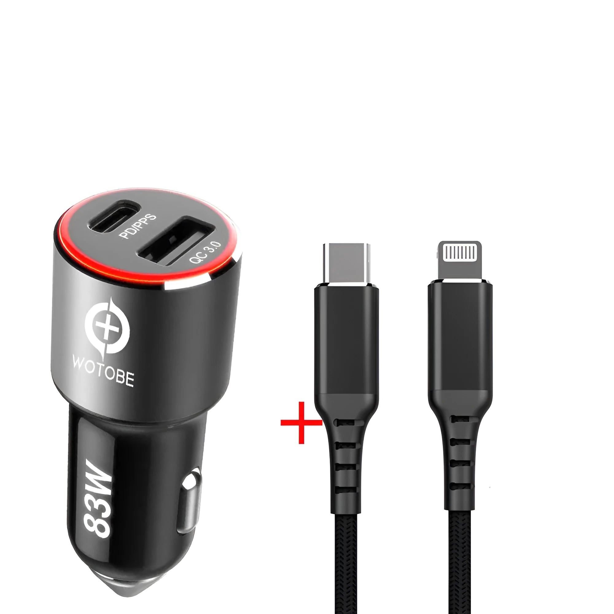 83W dual-port fast car charger with USB-C and QC-A ports on a dark background.