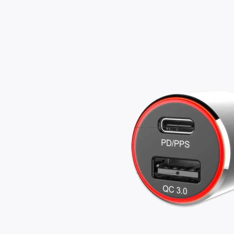 83W dual-port fast car charger with USB-C and QC-A ports on a dark background.