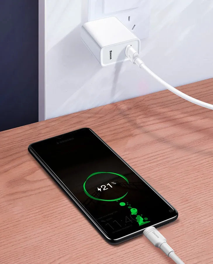 Baseus black and white Android fast charging cables in 1 metre and 2 metre lengths.