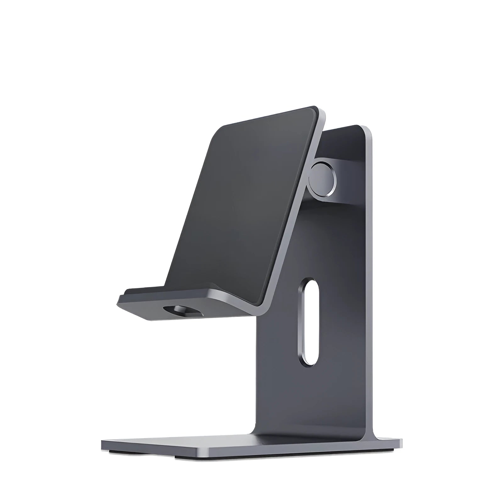 Dark space grey alloy mobile phone holder with lazy bracket on a desktop.
