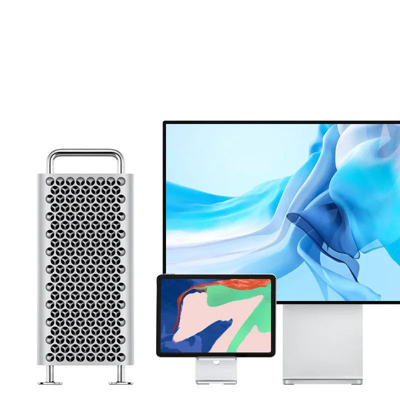 Dark space grey alloy mobile phone holder with lazy bracket on a desktop.