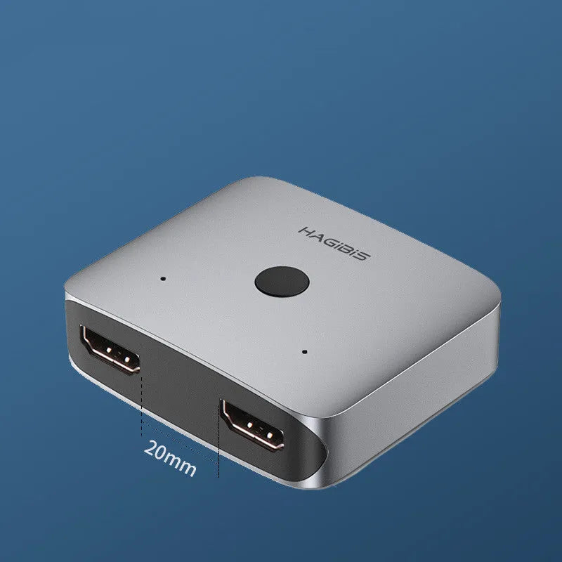 Grey HDMI switcher with one input and two output ports for 4K video sharing between displays