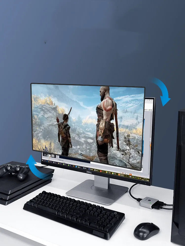 Grey HDMI switcher with one input and two output ports for 4K video sharing between displays
