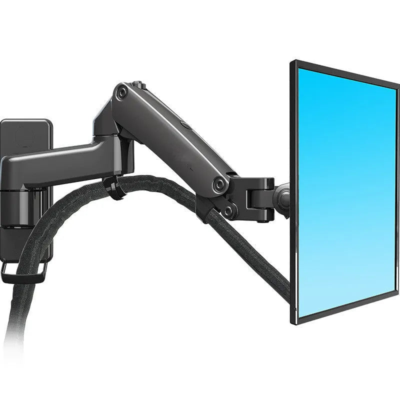 Black wall-mounted adjustable monitor stand with extending arm for computer screens.