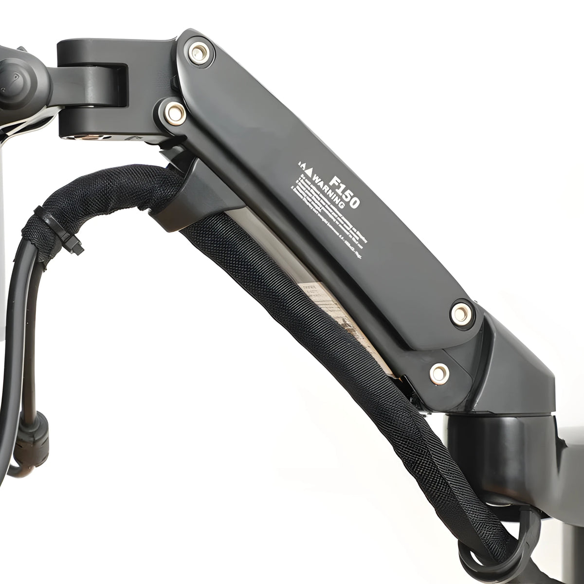 Black wall-mounted adjustable monitor stand with extending arm for computer screens.