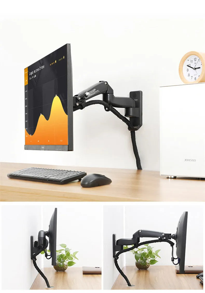 Black wall-mounted adjustable monitor stand with extending arm for computer screens.