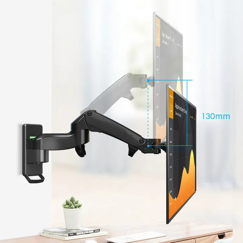 Black wall-mounted adjustable monitor stand with extending arm for computer screens.
