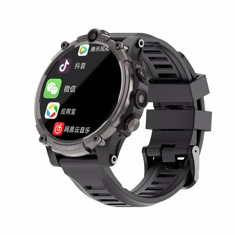 Black smart phone watch with 1.6 inch screen showing heart rate display and camera function