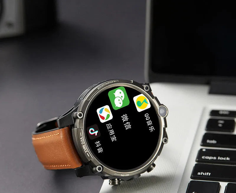 Black smart phone watch with 1.6 inch screen showing heart rate display and camera function