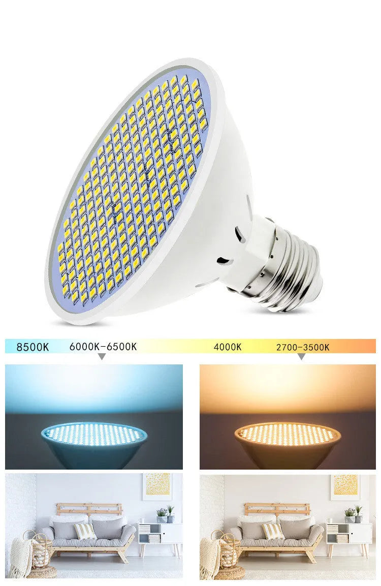 E27 screw base LED light bulb with a white polycarbonate lamp cup, shown next to warm white and cool white packaging options.