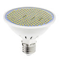 E27 screw base LED light bulb with a white polycarbonate lamp cup, shown next to warm white and cool white packaging options.