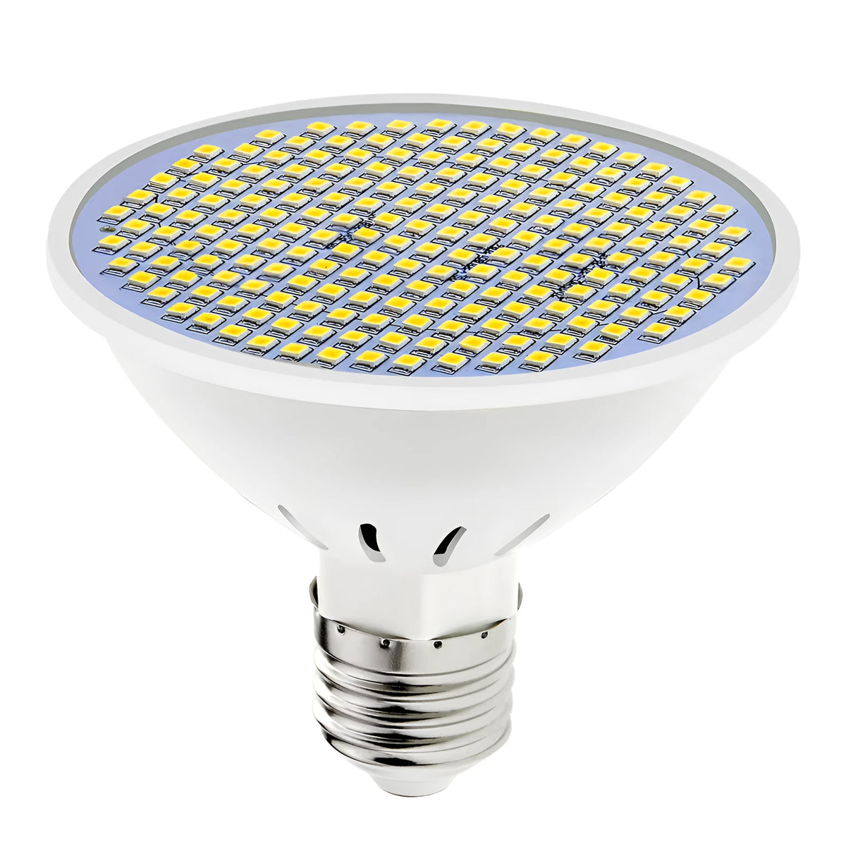 E27 screw base LED light bulb with a white polycarbonate lamp cup, shown next to warm white and cool white packaging options.