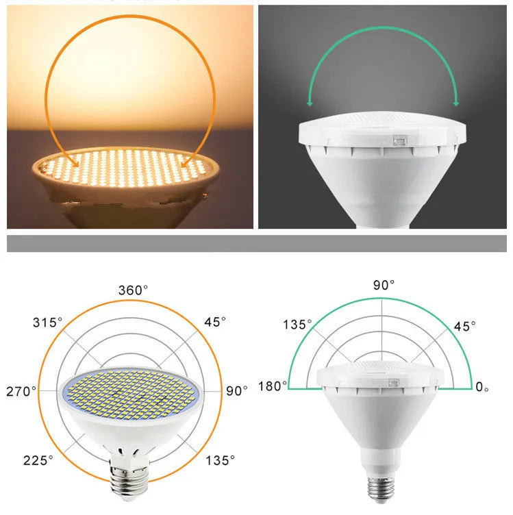 E27 screw base LED light bulb with a white polycarbonate lamp cup, shown next to warm white and cool white packaging options.