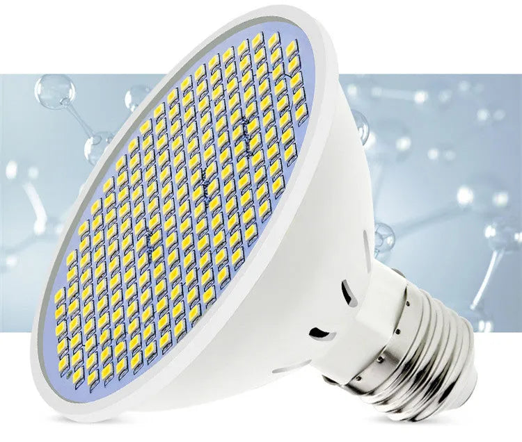 E27 screw base LED light bulb with a white polycarbonate lamp cup, shown next to warm white and cool white packaging options.