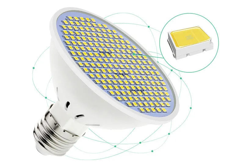 E27 screw base LED light bulb with a white polycarbonate lamp cup, shown next to warm white and cool white packaging options.