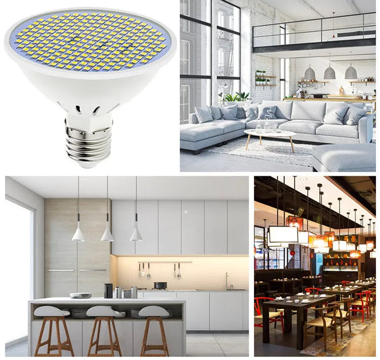 E27 screw base LED light bulb with a white polycarbonate lamp cup, shown next to warm white and cool white packaging options.