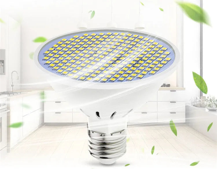 E27 screw base LED light bulb with a white polycarbonate lamp cup, shown next to warm white and cool white packaging options.