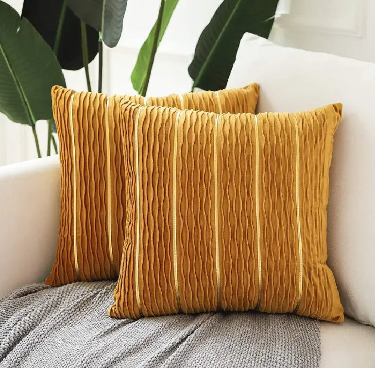 A square striped velvet pillow cover in a chosen colour, measuring 45 by 45 centimetres.
