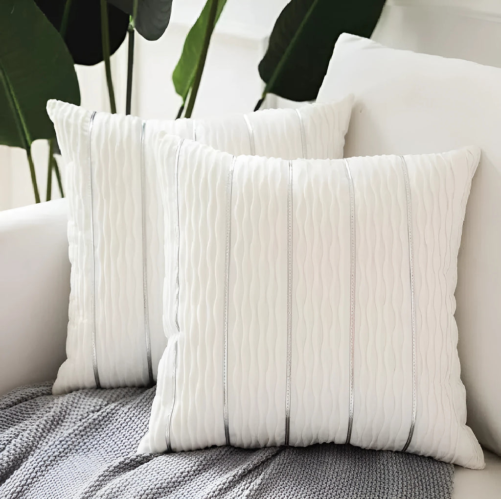 A square striped velvet pillow cover in a chosen colour, measuring 45 by 45 centimetres.