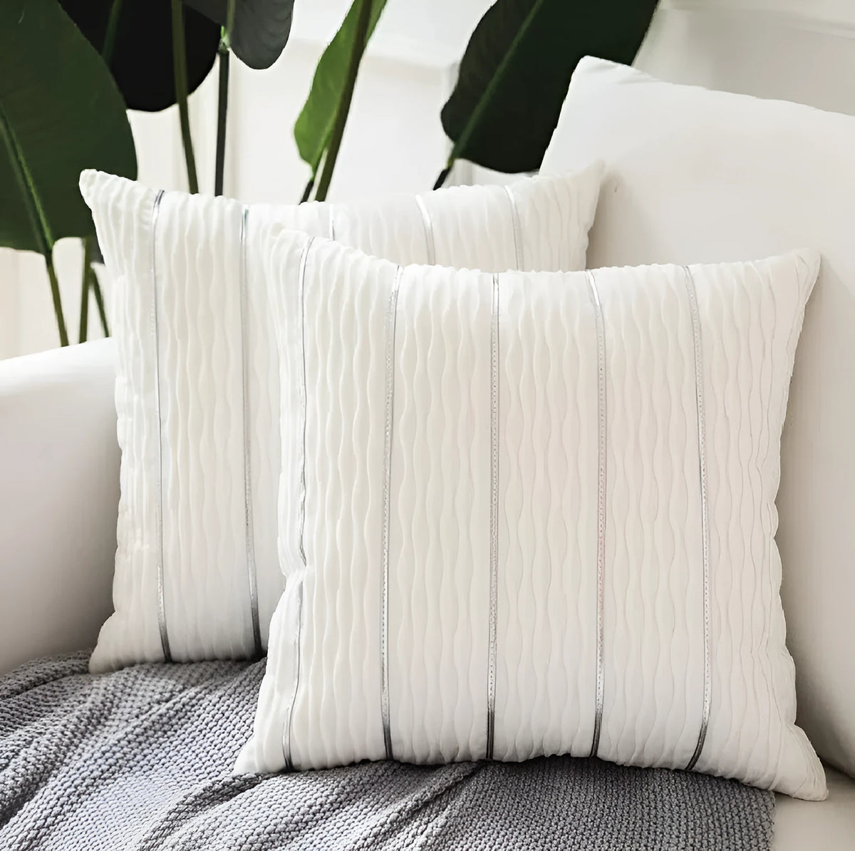 A square striped velvet pillow cover in a chosen colour, measuring 45 by 45 centimetres.