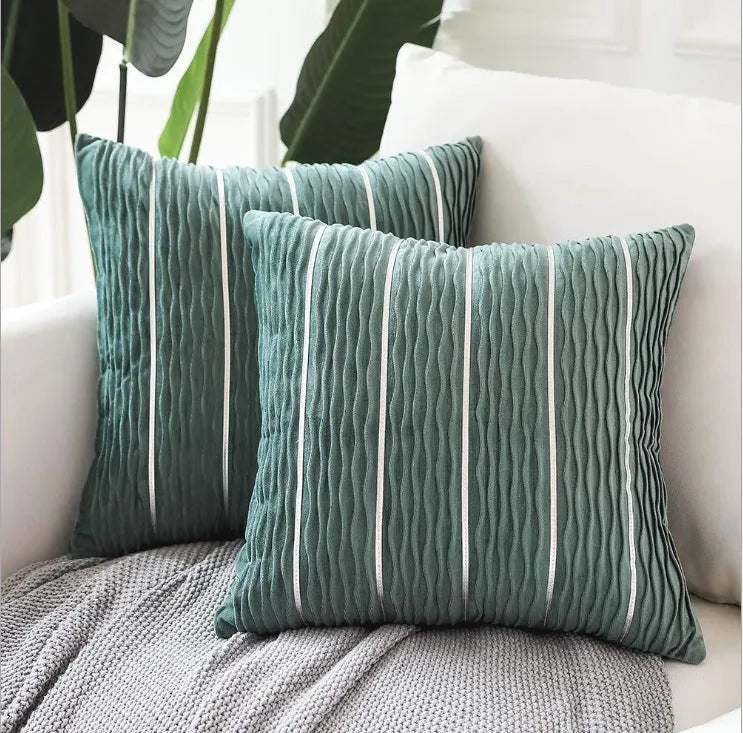 A square striped velvet pillow cover in a chosen colour, measuring 45 by 45 centimetres.