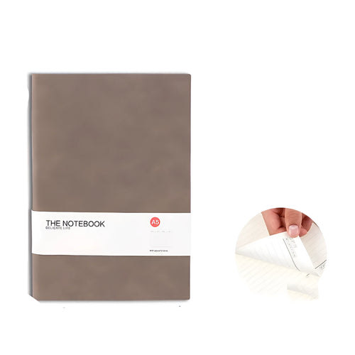 A5 and B5 sized solid colour thickened paper notebooks in brown, grey, green, red, and navy blue.