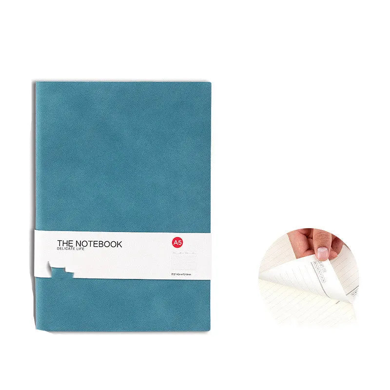 A5 and B5 sized solid colour thickened paper notebooks in brown, grey, green, red, and navy blue.