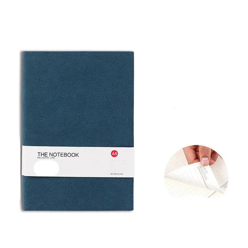 A5 and B5 sized solid colour thickened paper notebooks in brown, grey, green, red, and navy blue.