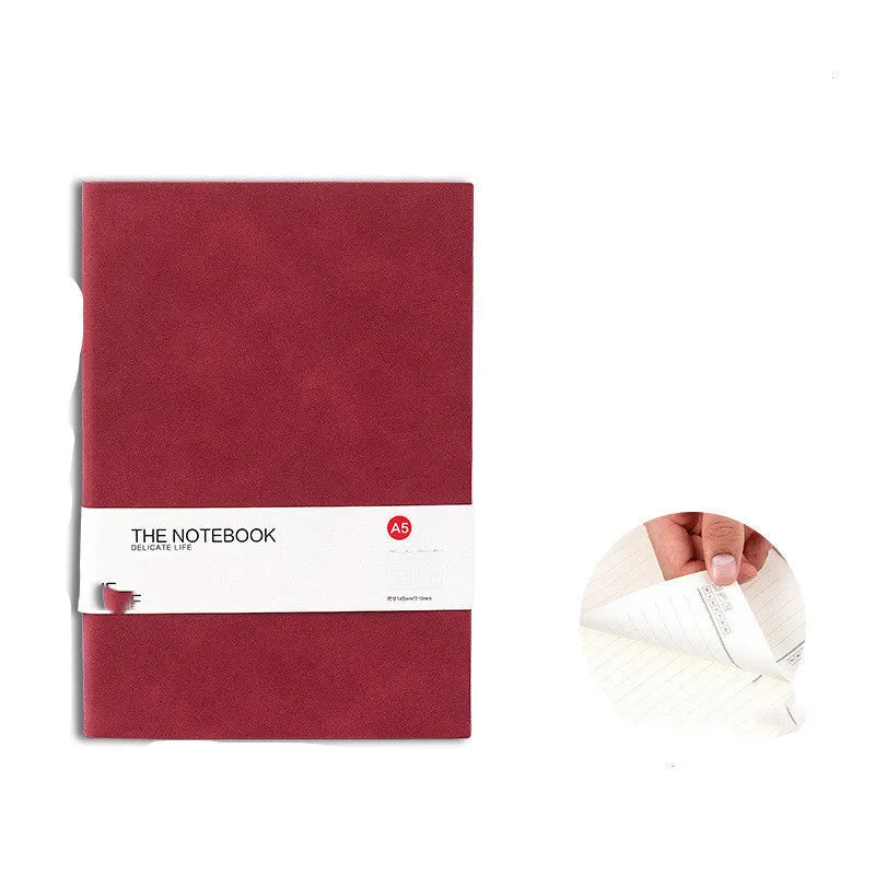 A5 and B5 sized solid colour thickened paper notebooks in brown, grey, green, red, and navy blue.