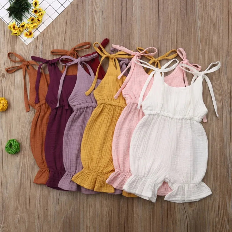 Baby girls sleeveless cotton romper jumpsuit in solid colours, sizes 70-110