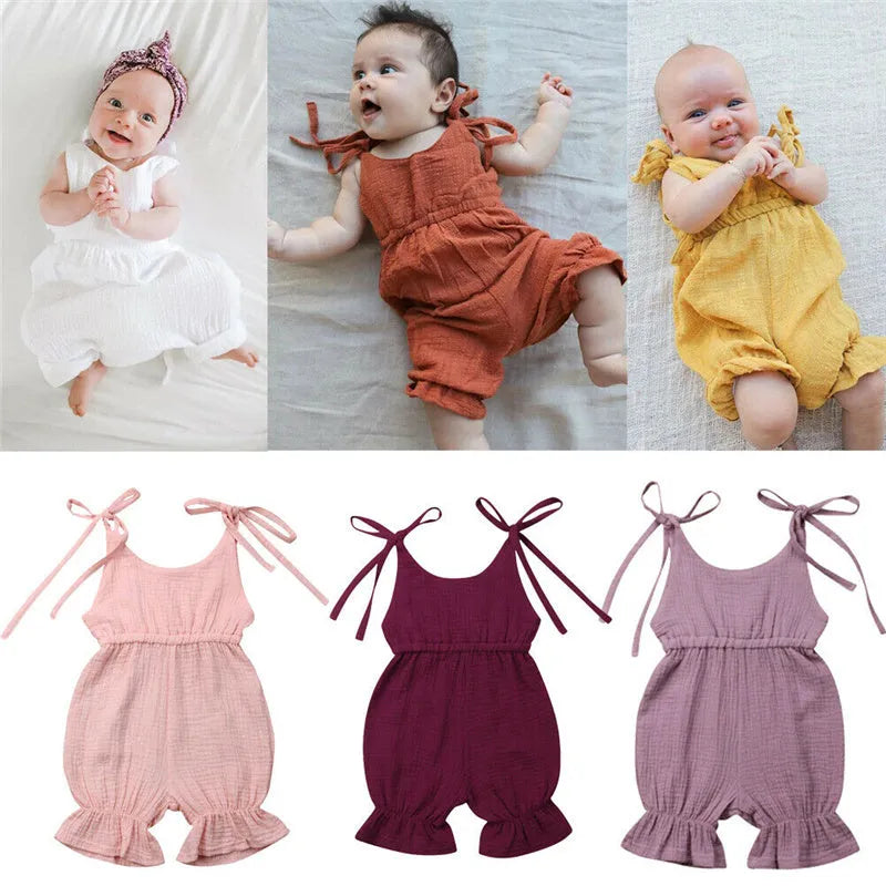 Baby girls sleeveless cotton romper jumpsuit in solid colours, sizes 70-110