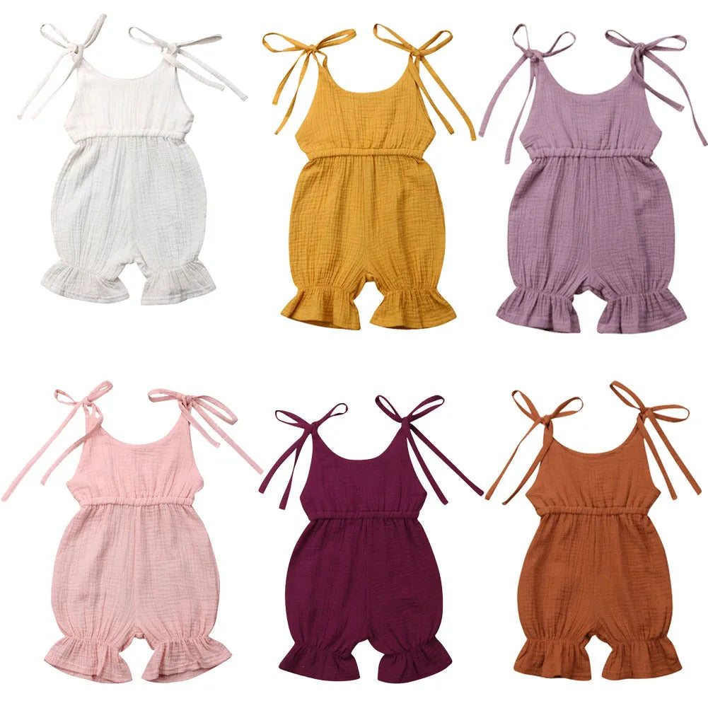 Baby girls sleeveless cotton romper jumpsuit in solid colours, sizes 70-110