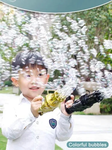 Kids plastic bubble gun toy in pink, gold, or black colours with battery compartment and trigger.