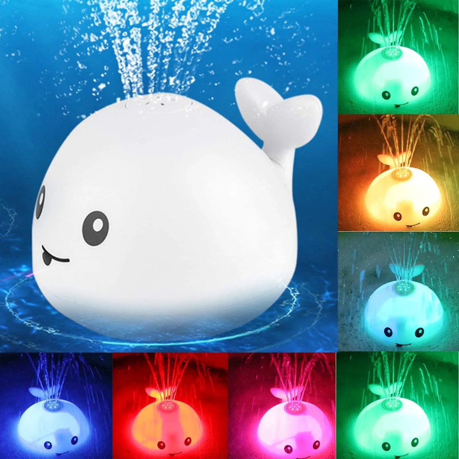 Whale-shaped electric bath toy spraying water with coloured LED lights, shown with base unit on blue background