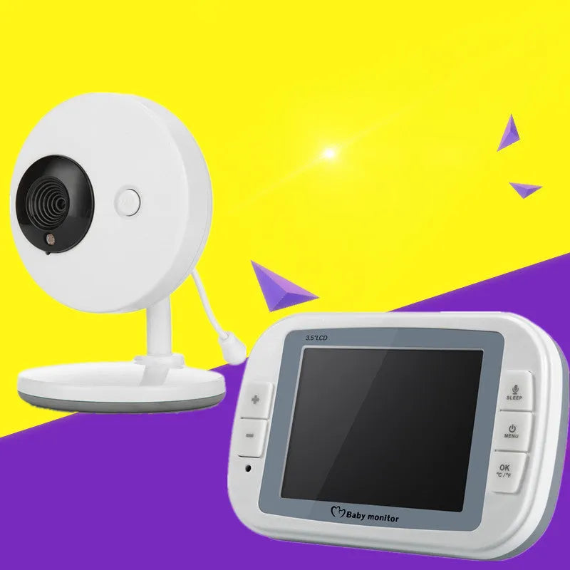 White 3.5 inch digital wireless baby monitor and UFO-style camera on a nursery shelf.