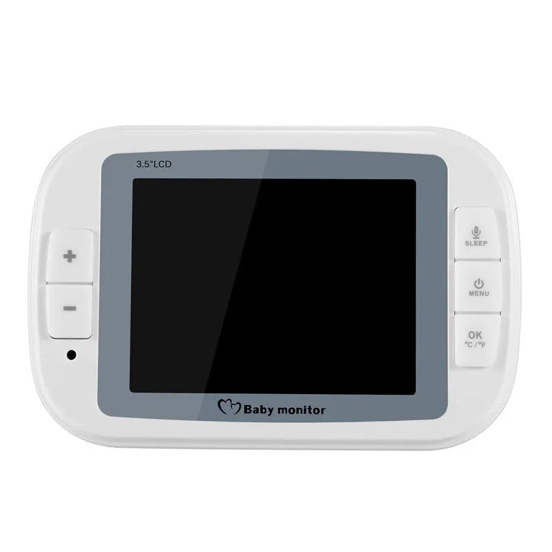 White 3.5 inch digital wireless baby monitor and UFO-style camera on a nursery shelf.