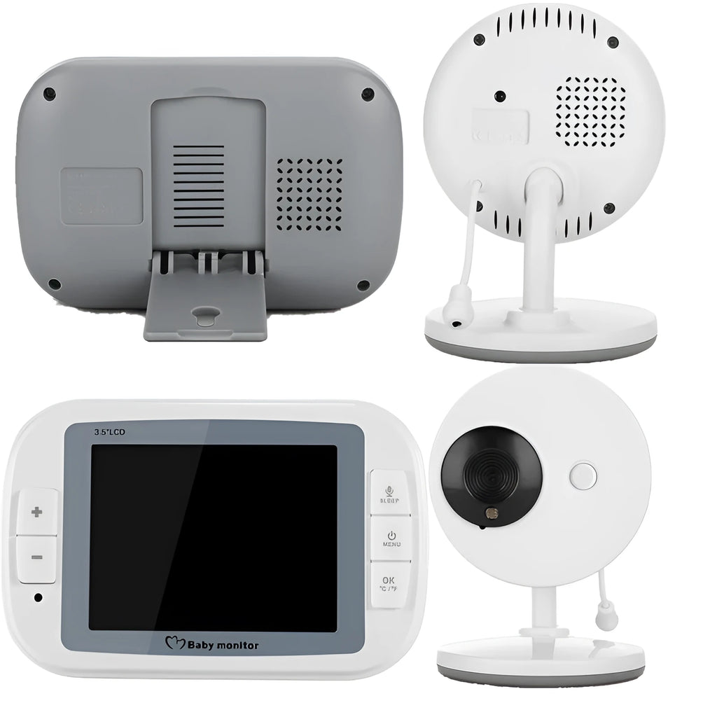 White 3.5 inch digital wireless baby monitor and UFO-style camera on a nursery shelf.