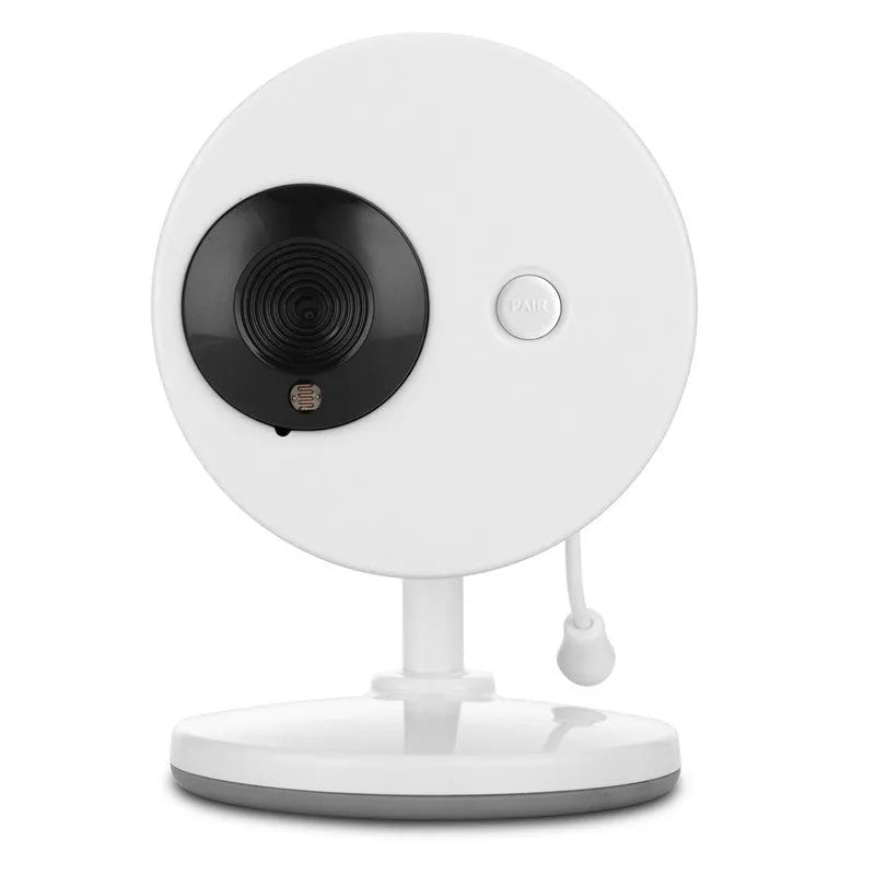 White 3.5 inch digital wireless baby monitor and UFO-style camera on a nursery shelf.