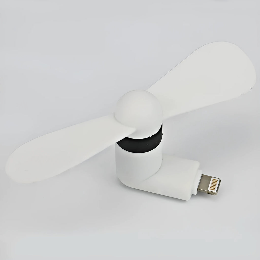 Mini portable phone fan in six colours with rotary switch, compatible with iPhone and Android devices
