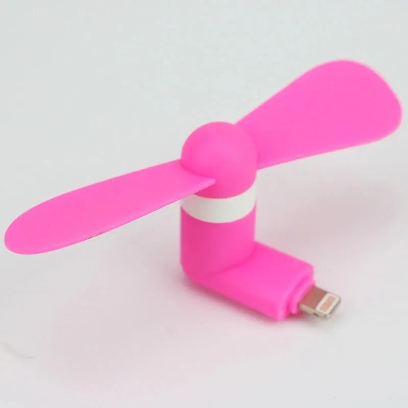 Mini portable phone fan in six colours with rotary switch, compatible with iPhone and Android devices