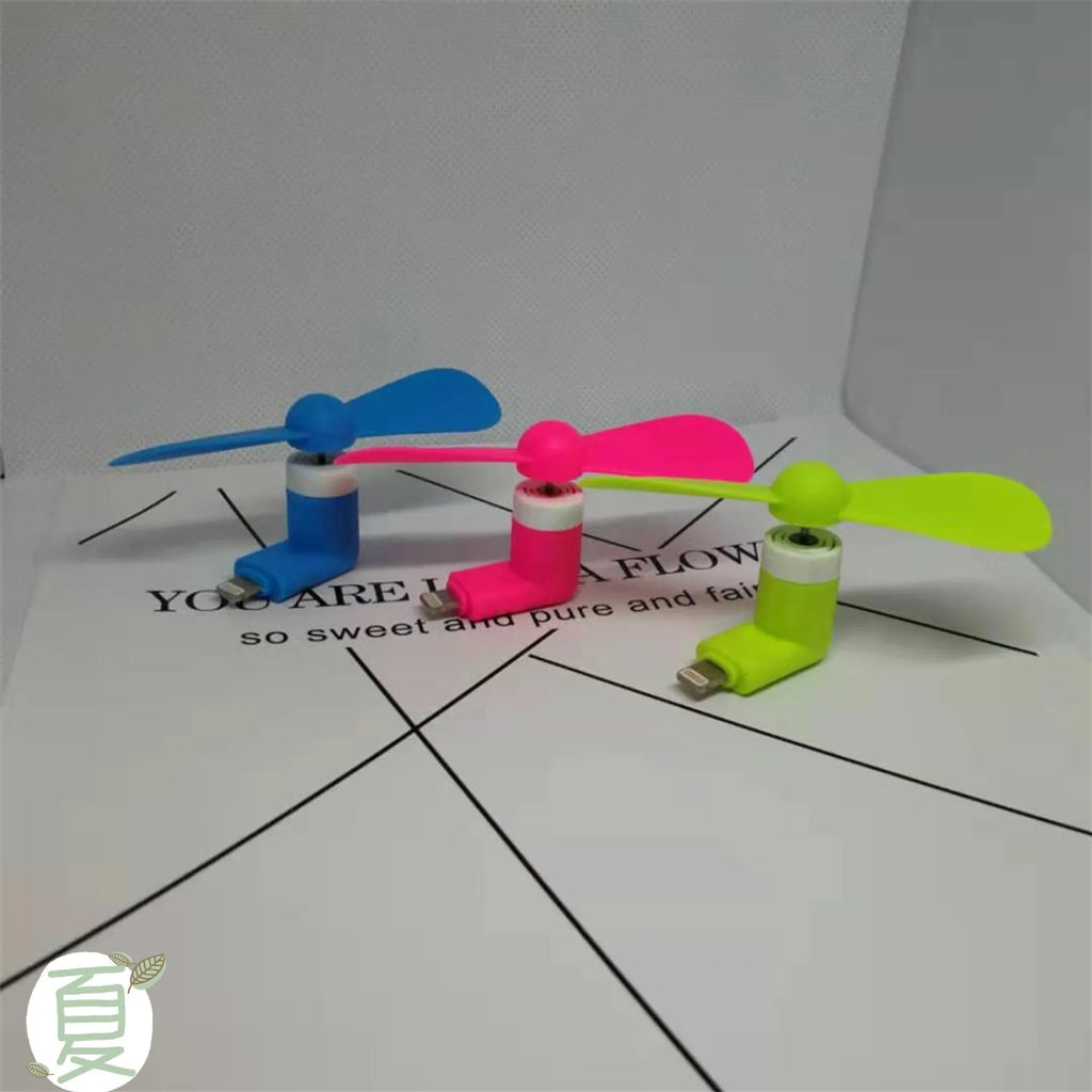 Mini portable phone fan in six colours with rotary switch, compatible with iPhone and Android devices