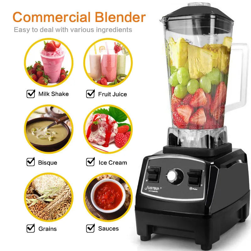 Black and red 2200W high-speed kitchen blender with 2L jug for juicing and grinding.