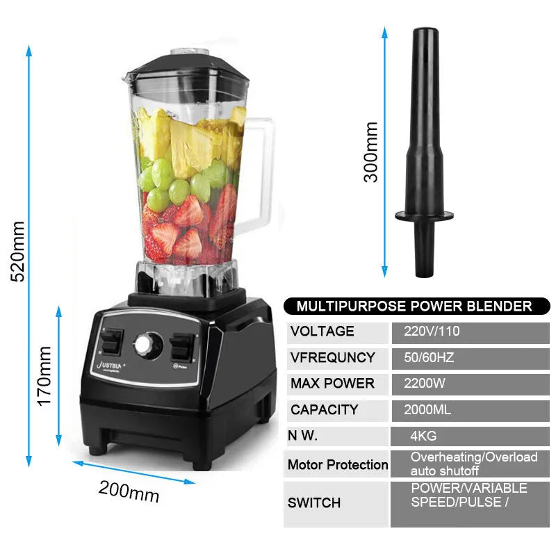 Black and red 2200W high-speed kitchen blender with 2L jug for juicing and grinding.