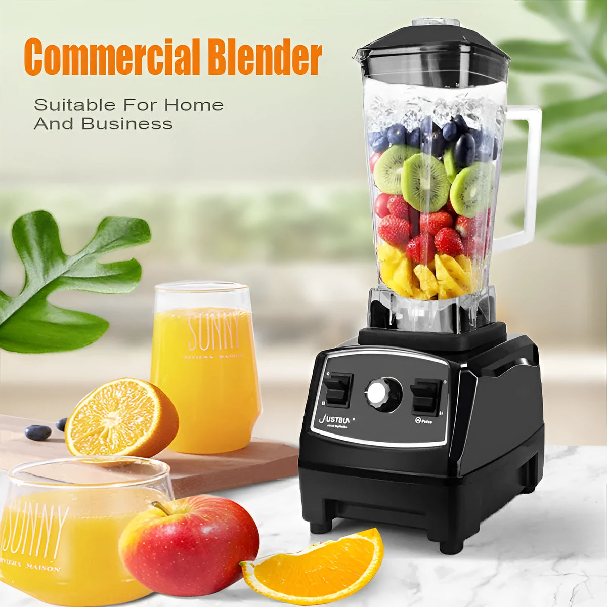 Black and red 2200W high-speed kitchen blender with 2L jug for juicing and grinding.