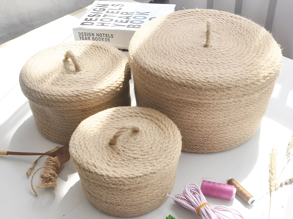 Japanese style linen fabric storage basket with dustproof cover in three size options