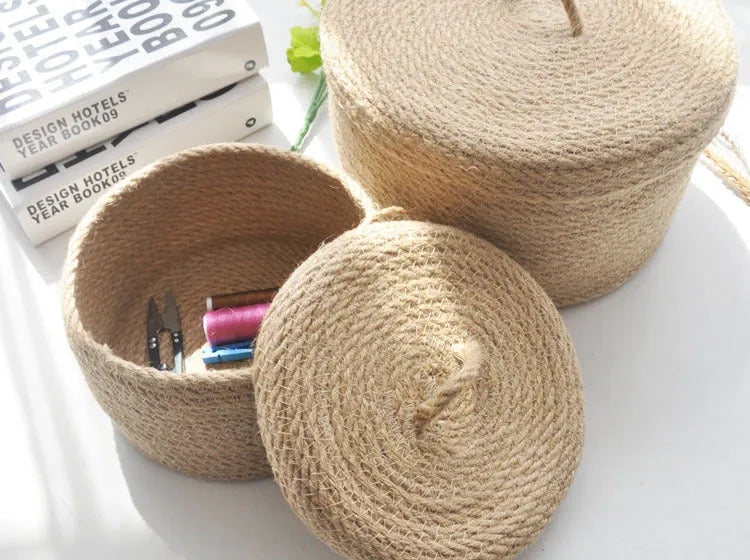 Japanese style linen fabric storage basket with dustproof cover in three size options